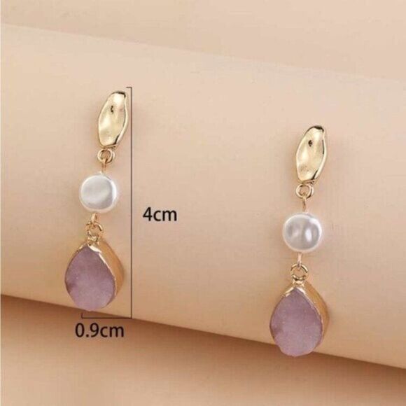 Natural Stone Pink White Drop Earrings - Picture 3 of 3
